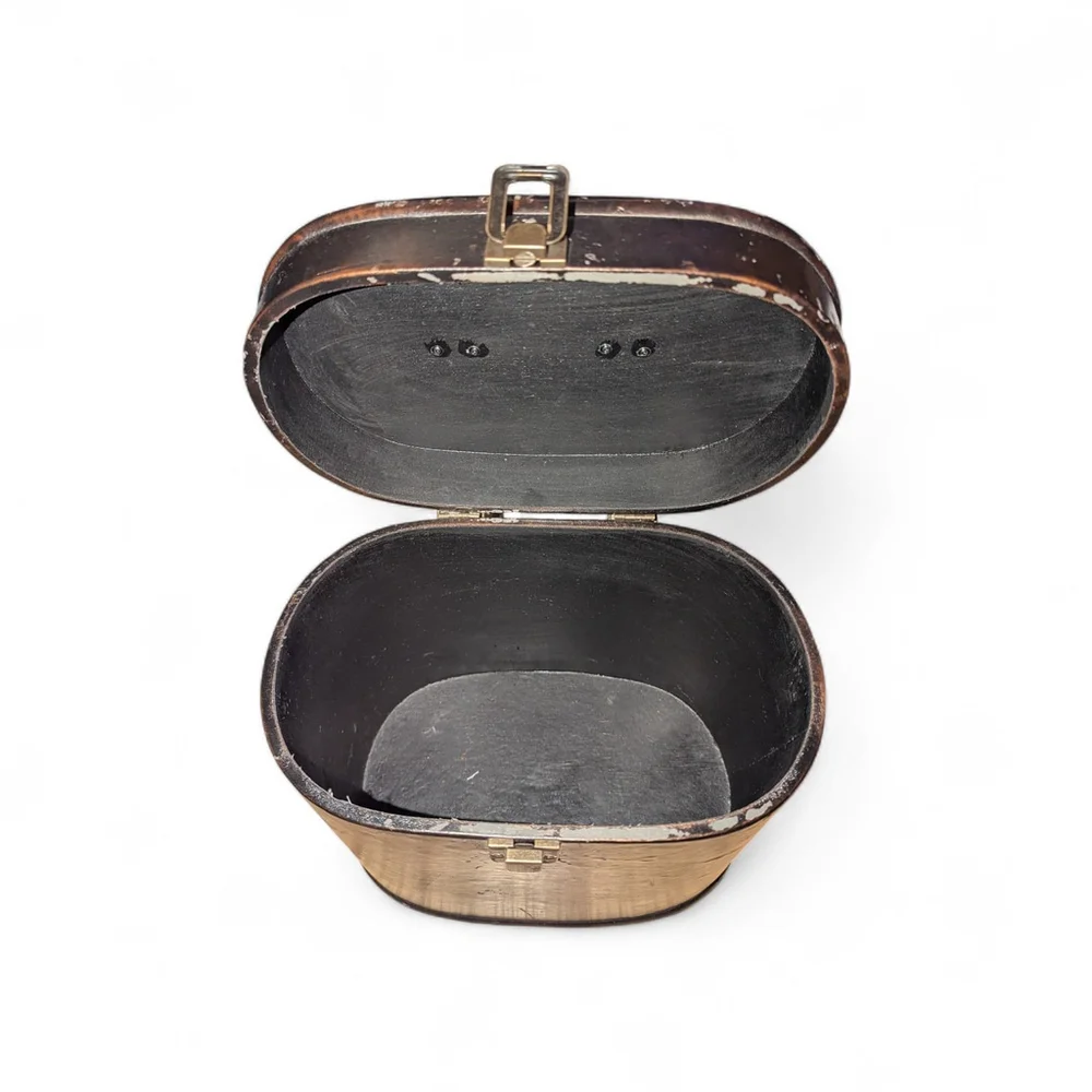 Vintage Distressed Faux Leather Train Case Storage Box Brown Oval Trunk With Han
